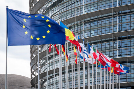 Die Flagge der EU und die Flaggen aller EU-Mitgliedsstaaten vor dem Europäischen Parlament in Straßburg