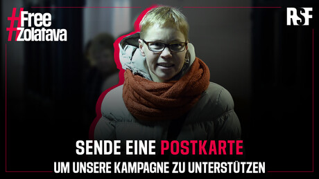Eine Kachel mit dem Foto von Maryna Zolatova. Sie ist umgeben von dem Hashtag FreeZolatova sowie der Aufforderung: Sende eine Postkarte um unsere Kampagne zu Unterstützen. Am oberen rechten Rand findet sich das RSF Logo.