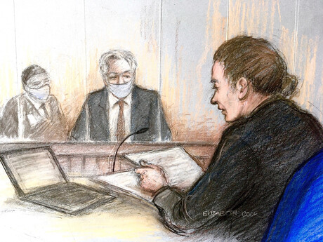 Eine Gerichtszeichnung aus dem Auslieferungsverfahren von Julian Assange. Zu sehen ist der Angeklagte Assange sowie eine Richterin und eine weitere Person. © picture alliance / empics / Elizabeth Cook