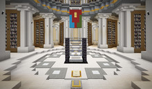 In verpixelter Computerspiel-Optik ist ein Raum mit Bücherregalen und Säulen zu sehen, in der Mitte ein Pult, über dem die rot-blau-grün-gelbe Fahne Eritreas hängt