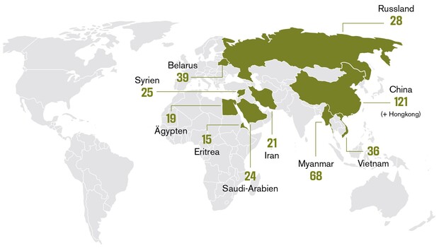 Eine Karte zeigt die Länder, in denen 2023 die meisten Journalist*innen inhaftiert sind: China (121), Myanmar (68), Belarus (39), Vietnam (36), Russland (28), Syrien (25), Saudi-Arabien (24), Iran (21), Ägypten (19) Eritrea (15).